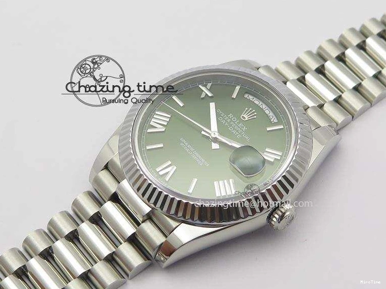 MiroTime 0508 Stretchable DayDate 40mm BP-Maker 228206 SS Green Roman Dial (Fluted Bezel) On SS Bracelet ETA 3904